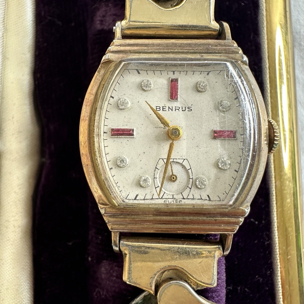 Vtg 1947 Benrus Watch 10K Rolled Gold Plate Bezel 1/20 10K White Stainless Works